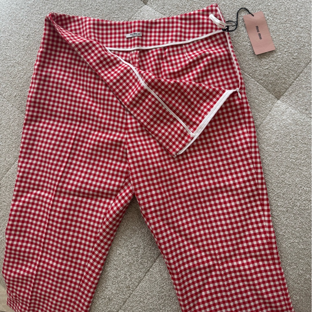 Miu Miu Red Gingham Check Flared Wool Trousers SZ 44 NWT - Picture 6 of 10